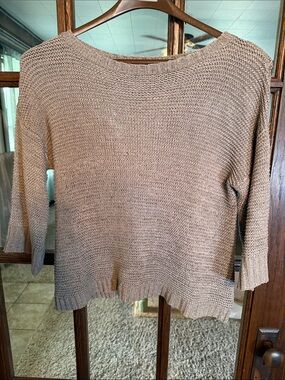 Apropos Womens Medium Taupe Open Knit 3/4 Sleeve Boat Neck Pullover Sweater M‎